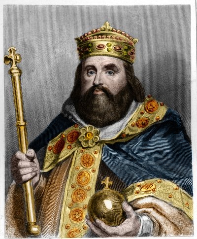 Muotokuva Kaarle III 3:sta, Grosista (839-888), lännen keisarista (881 - 887) ja Ranskan hallitsijasta (884 - 887) - Lavalleen teoksessa "Histoire des Francais", kaiverrus, sd. tekijältä French School