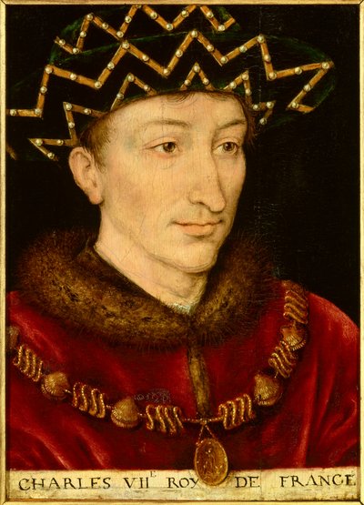 Ranskan kuninkaan Kaarle VII:n (1403-1461) muotokuva. Ranskalaisen koulun maalaus tekijältä French School