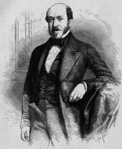 Muotokuva Charles de Mornysta (1811-1866), ranskalainen poliitikko, Corps Legislatifin presidentti toisen imperiumin alaisuudessa. Kaiverrus "" Le Monde Illustré" -julkaisussa nro 33, 28. marraskuuta 1857. tekijältä French School