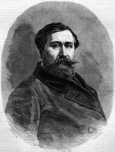 Muotokuva kreivi Alfred Emilien de Nieuwerkerkestä (1811-1892), ranskalaisesta kuvanveistäjästä ja korkeasta virkailijasta. Kaiverrus "" Le Monde Illustré" -julkaisussa nro 212, 4. toukokuuta 1861. tekijältä French School