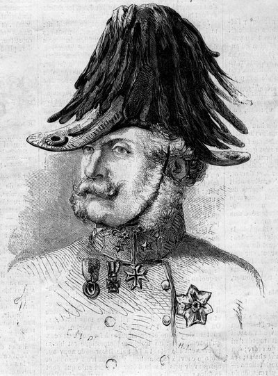 Muotokuva kreivi Ferencz Gyulaista (1797-1868), kenraaliluutnantista, joka komensi Itävallan joukkoja Lombardin maakunnissa. Kaiverrus "" Le Monde Illustré" -julkaisussa nro 107, 30. huhtikuuta tekijältä French School