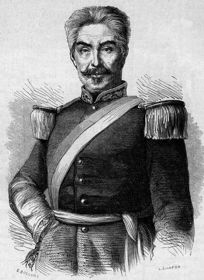 Perun presidentin Don Miguel San Romanin (1803-1863) muotokuva. Kaiverrus "" Le Monde Illustré" -julkaisussa nro 320, 30. toukokuuta 1863. tekijältä French School