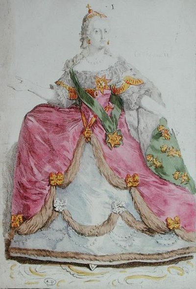 Venäjän keisarinna Katariina II:n (1729-96) muotokuva, 1700-luvun loppu (värikaiverrus) tekijältä French School