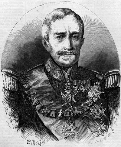 Hengen muotokuva Victor Elisabeth Boniface de Castellane (1788-1862), ranskalainen marsalkka. Kaiverrus "" Le Monde Illustré" -julkaisussa nro 56, 1. toukokuuta 1858. tekijältä French School