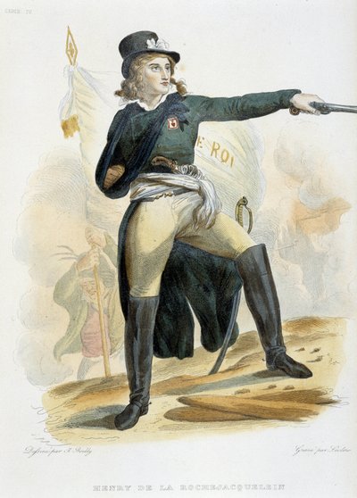 Henri du Vergierin, La Rochejaqueleinin kreivin (tai La Rochejacqueleinin hedelmätarhan) (1772-1794) muotokuva, jossa lippu "elä kuningas" (rinnuksessa vendeenien arvomerkit) - kirjassa "Le Plutarque Français"" Mennechet, osa 8, 1841 tekijältä French School