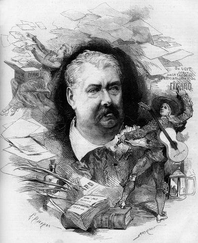 Hippolyte de Villemessant (1810-1879), ranskalaisen toimittajan, Figaron perustajan muotokuva. Kaiverrus "" Le Monde Illustré" -julkaisussa nro 1151, 19. huhtikuuta 1879. tekijältä French School