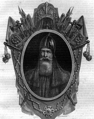 Igorin muotokuva venäläisten herttuasta, varegue-prinssistä, Kiovan "Rusin" hallitsijasta 912-945. Kaiverrus Maurice Lachatren teokseen "Histoire des Papes-Rois-Queen and Empereurs a travers les centuries" tekijältä French School