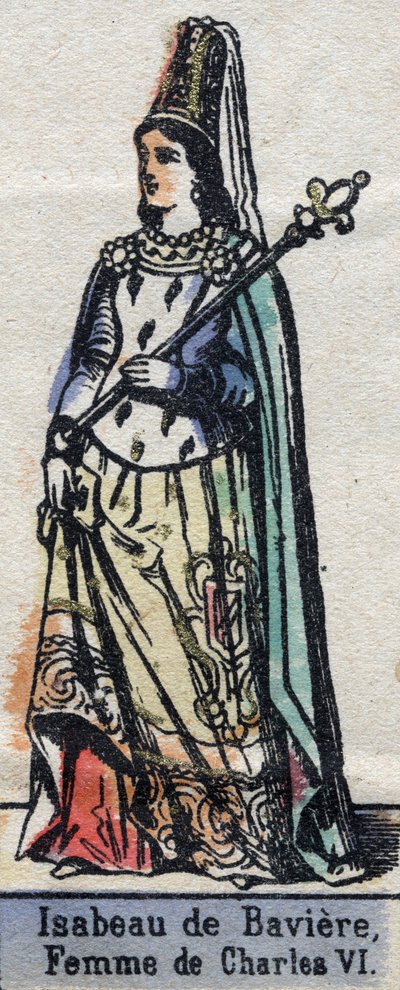 Ranskalaisen Kaarle VI:n vaimon Isabeau (Isabelle, Elisabeth) de Bavieren (1371-1435) muotokuva. (Kapetian dynastia). Kuvitus 1800-luvun lopulla. tekijältä French School