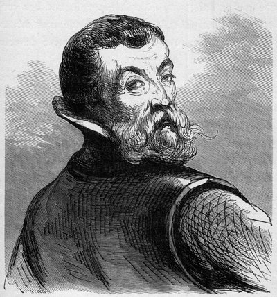 Jacques Cartierin (1491-1557) muotokuva. Ranskalainen navigaattori ja tutkimusmatkailija. Kaiverrus kirjaan "La Marine et les colonies: commerce" tekijältä French School