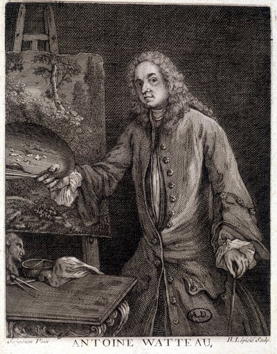 Ranskalaisen taidemaalarin Jean Antoine Watteaun (1684-1721) muotokuva - kaiverruskuvaus tekijältä French School