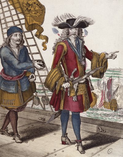 Muotokuva Jean Bartista (1650-1702), joka pitää palavaa sulaketta suussaan merivoimien kohtaamisen aikana (värikaiverrus) tekijältä French School