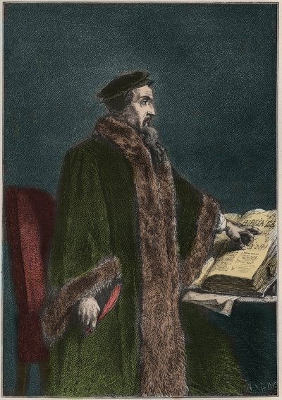 Jean Calvinin (Jean Cauvin) (1509-1564), ranskalaisen uskonnonuudistajan ja kirjailijan muotokuva - John Calvin - kaiverrus kirjasta "" Ranskan historia kerrottiin lapsenlapsilleni"" - kirjoittanut Francois Guizot - 1872-1876 tekijältä French School