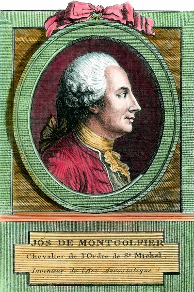 Kuumailmapallon keksijän Joseph de Montgolfierin (1740 - 1810) muotokuva. Kaiverrus 1700-luvulta. Yksityinen kokoelma. tekijältä French School