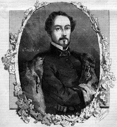 Muotokuva Juan Prim y Pratsista, Reussin kreivistä (1814-1870), espanjalaisesta kenraalista ja poliitikosta. Kaiverrus "" Le Monde Illustré" -julkaisussa nro 151, 3. toukokuuta 1860. tekijältä French School
