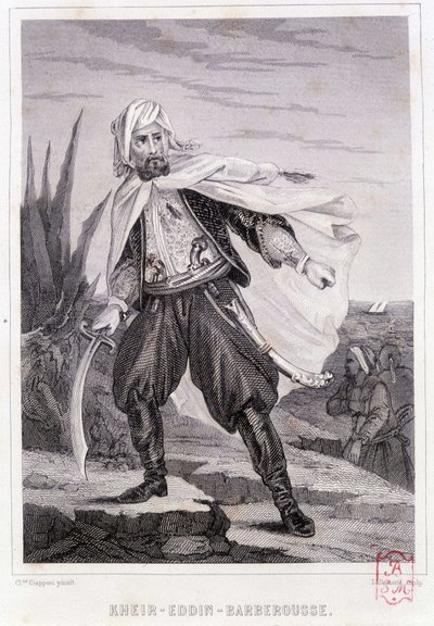 Muotokuva Kheiristä - Eddin - Barberoussesta, 1500-luvun turkkilaisesta merirosvosta - P. Christianin teoksessa "Merrosten ja Välimeren merirosvojen historia", Paris, D. Cavaillés, toim., osa 1 tekijältä French School