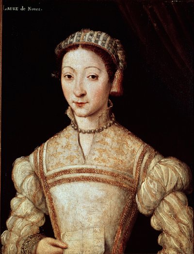 Muotokuva Lauresta (Laura), kirjoittanut Noves (1308-1348), nainen aimee de Petrarque (Francesco Petrarca) 1500-luvun ranskalaisen koulukunnan maalaus Sun. 21 x 28 cm Chantilly, museo Conde - Laura de Novesin (1308-1348), Francesco Petrarcan rakastetun nai tekijältä French School