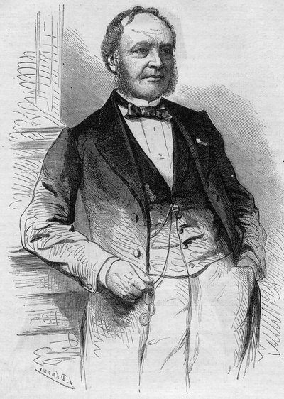 Ranskalaisen toimittajan Louis Christophe Francois Hachette (1800-1864) muotokuva. Kaiverrus "" Le Monde Illustré" -julkaisussa nro 383, 13. elokuuta 1864. tekijältä French School