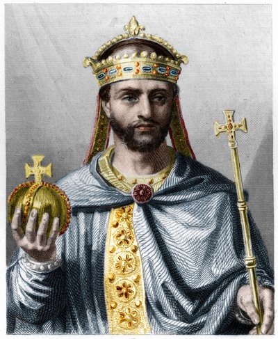 Ludvig I hurskaan eli Debonnairen (778 - 840), lännen keisarin muotokuva - Lavalleen "Histoire des Francais" -kirjassa, kaiverrus, sd. tekijältä French School
