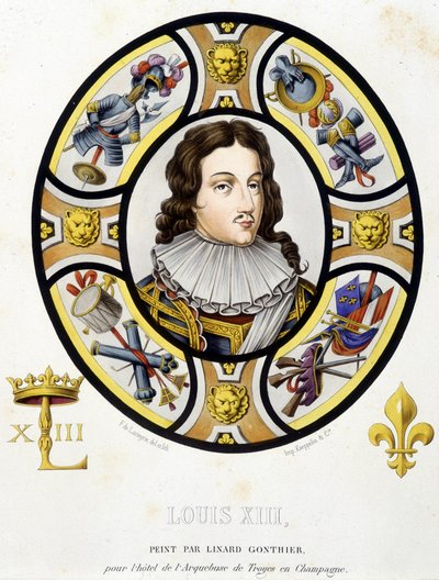 Ranskan kuninkaan Ludvig XIII:n muotokuva (1601-1643). Faksimile keskiajan lasimaalauksesta Ferdinand de Lasteyrien "Histoire de la peinture sur verre" tekijältä French School