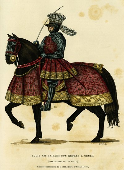 Ludvig XII:n muotokuva Ranskan kuninkaasta (1462-1515), joka saapui Genesiin 26. elokuuta 1502. Värikaiverrus kansalliskirjaston pienoiskäsikirjoituksen (1515) jälkeen Augustinin teoksessa "France et les francais a travers les centuries" Challamel, F. Roy tekijältä French School
