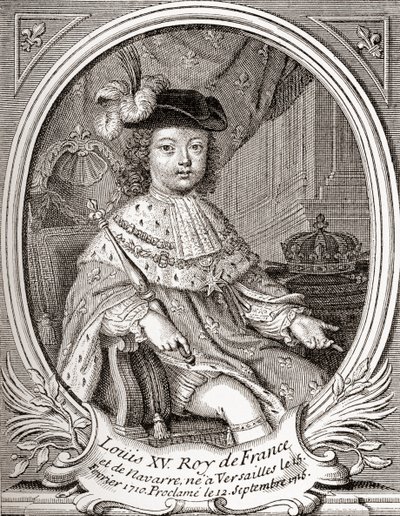 Ludvig XV:n muotokuva lapsena, 1710 1774. Bourbon-monarkki, joka hallitsi Ranskan ja Navarran kuninkaana. Les Heures Libres, julkaistu 1908. tekijältä French School