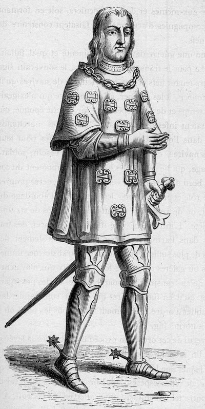 Muotokuva Louis de Maletista, Gravillen herrasta (n. 1441-n. 1519), Ranskan amiraalista vuonna 1487, sota- ja turnausasussa. Kaiverrus kirjassa "La Marine et les colonies: kauppa" tekijältä French School
