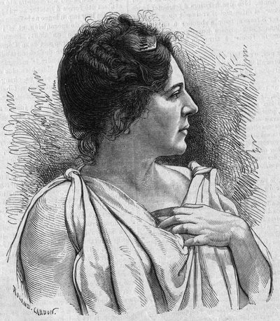 Madame Agarin (Marie Leonide Charvin, toim.) (1836-1891), ranskalaisen koomikon muotokuva. Kaiverrus "La gazette du dimanche" -julkaisussa 21. marraskuuta 1895. tekijältä French School