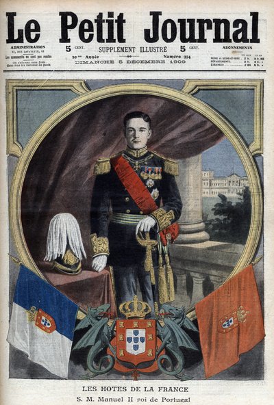Muotokuva Manuel II:sta Portugalin kuninkaan (1889-1932) Pariisin-vierailunsa aikana - "Le Petit Journal" 5. joulukuuta tekijältä French School