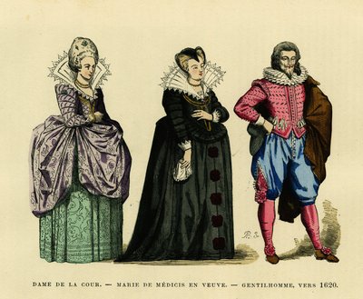 Muotokuva Ranskan kuningattaresta Marie de Mediciksen (1573-1642), lesken tapana, hovin naisen ja herrasmiehen ympäröimänä, noin 1620. Värikaiverrus, kirjassa "France et les francais a travers les siecles" Augustin Challamel, F. Royn toimittaja, Paris 18 tekijältä French School