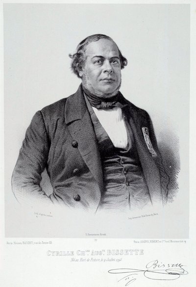 Martinicelaisen poliitikon Cyrille Charles Auguste Bissetten (1795-1858) muotokuva, joka oli Ranskan orjuuden poistamisen suuri kannattaja. Kaiverrus 1800-luvun Chartresista, Musee des Beaux Arts tekijältä French School