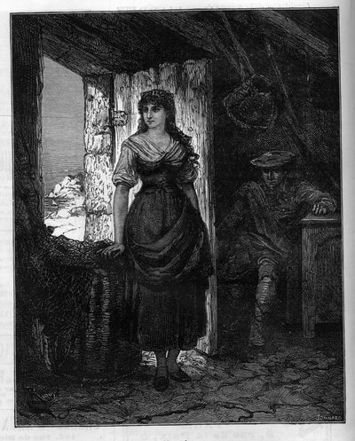 Mercedesin muotokuva, hahmo Alexandre Dumasin (1802-1870) romaanissa Montecriston kreivi (Monte Cristo tai Monte Cristo). Kaiverrus ”” Le Monde Illustréssa”, 30. tammikuuta tekijältä French School