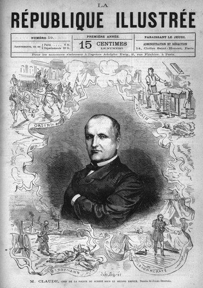 Monsieur Claude (Antoine Francois Claude dit) (1807-1880), ranskalaisen poliisin ja kirjailijan, toisen imperiumin turvallisuuspoliisin päällikön muotokuva. Sanomalehti. Kaiverrus vuodelta 1880 "La republique illustree" -yksityiskokoelmassa. tekijältä French School