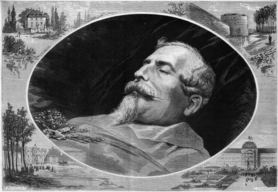 Napoleon III:n (1808-1873) muotokuva kuolinvuoteella. Kaiverrus "" Le Monde Illustré" -julkaisussa nro 824, 25. tammikuuta tekijältä French School