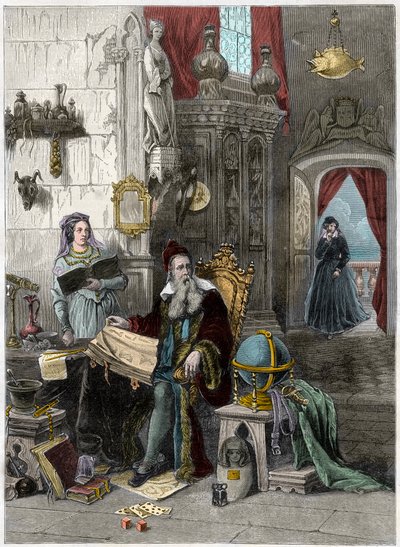 Nostradamuksen muotokuva, Michel de Notre Dame (1503-1566) Ranskalainen astrologi ja lääkäri Catherine de Mediciksen (Caterina de Medici) kanssa (1519 - 1589) - 1800-luku (kaiverrus) tekijältä French School