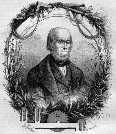 Muotokuva Philippe de Girardista (1775-1845), ranskalaisesta keksijästä ja teollisuusmiehestä, pellavakehrukoneen luojasta. Kaiverrus vuosilta 1866-1867. tekijältä French School