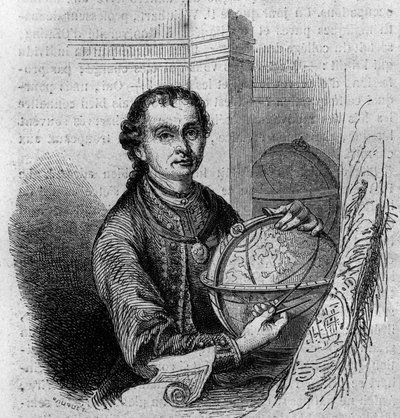 Pierre (Peter) Anichin (1723-1766), tirolilaisen tähtitieteilijän ja kartografin muotokuva, jolla on maapallo ja kompassi. Kaiverrus "" Le Magasin viehättävässä"" tekijältä French School