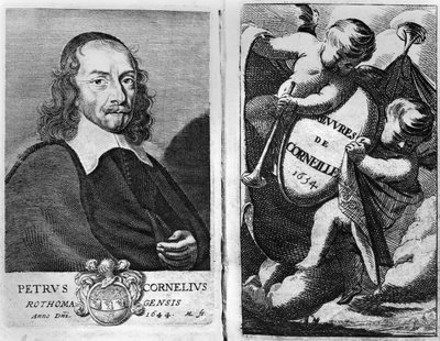 Pierre Corneillen (1606-84) muotokuva 1644, 1634 julkaistun Oeuvres de Corneillen painoksen etulevy tekijältä French School