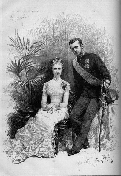 Belgian prinsessa Stephanie (1864-1945) ja Itävallan arkkiherttua Rodolphe (1858-1889) muotokuva. Kaiverrus "" Le Monde Illustré" -julkaisussa nro 1209, 29. toukokuuta 1880. tekijältä French School