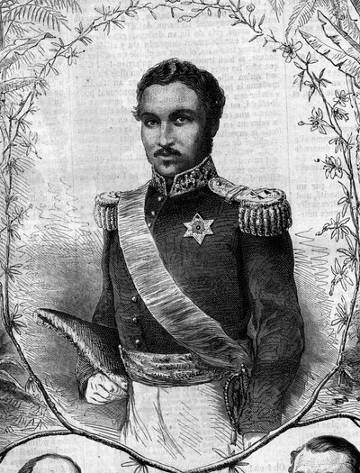 Madagaskarin kuninkaan Radama II:n (1829-1863) muotokuva. Kaiverrus "" Le Monde Illustré" -julkaisussa nro 268, 31. toukokuuta 1862. tekijältä French School