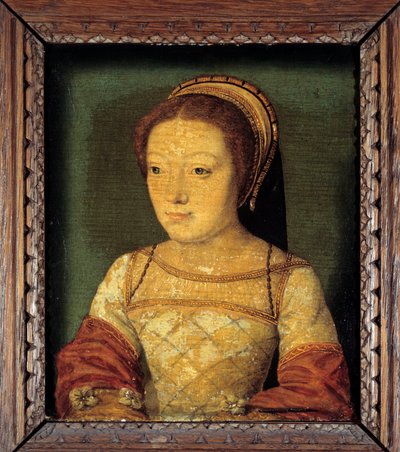 Ranskalaisen Reneen muotokuva, Ferraran herttuattaren Ludvig XII:n tytär (1510 - 1575). Öljy puulle, 0,16 x 0,13 m. anonyymi maalaus. 1500-luvun ranskalainen koulu. tekijältä French School