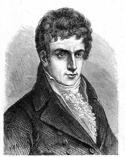 Muotokuva Robert Fultonista (1765 - 1815), yhdysvaltalaisesta mekaanikosta, joka rakensi ensimmäisen potkurisukellusveneen - "Album of Science; maineikkaat tiedemiehet; Suuria löytöjä””” 1896. tekijältä French School