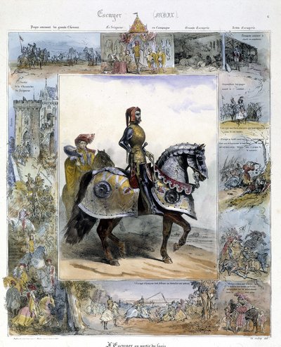 Ecuyerin muotokuva Charles Aubryn teoksessa "Picturesque History of Ancient and Modern Riding". tekijältä French School