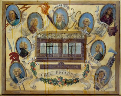 Muotokuva historiallisista henkilöistä ja näkymä pariisilaisesta kahvilasta Le Procope: Benjamin Franklin, Jean Jacques Rousseau, Voltaire, Jean D