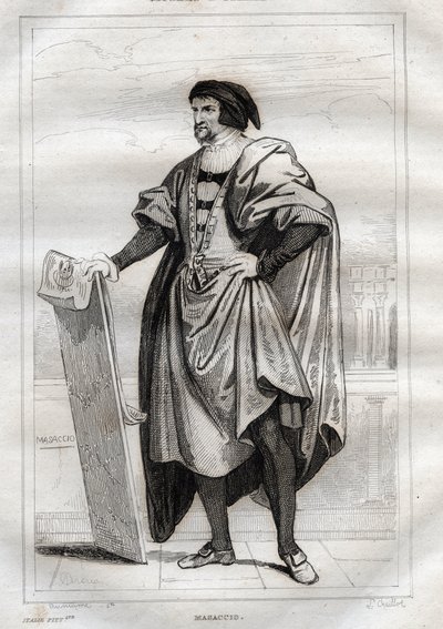 Muotokuva italialaisesta taidemaalari Masaccion (Tommaso di Giovanni Cassai) (1401-1428) - Kaiverrus "" Italy Picturesque" - Historiallinen ja kuvaava maalaus Italiasta", M. de Norvins, Ch. Nodier 1834-1836. tekijältä French School