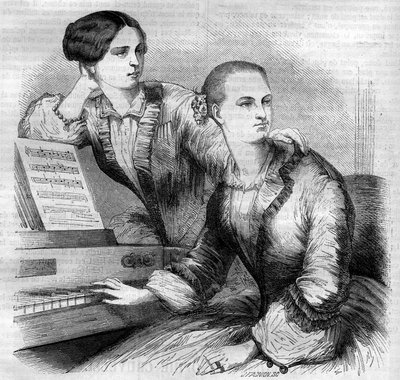 Muotokuva Cruvellien sisaruksista, saksalaisista tanssijoista. Sophie Cruvelli (Johanna Sofia Charlotte Cruwell, toim.) (1826-1907) ja Marie Cruvelli (Friederike Marie Cruwell, toim.) (1824-1868). Kaiverrus vuodelta 1852. tekijältä French School