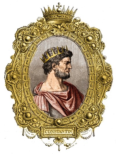 Muotokuva Rooman keisarista Konstantinus I Suuresta (274-337). Maurice Lachatren kaiverrus teokseen "Paavien-kuninkaiden-kuningattaren ja keisarien historia vuosisatojen ajan" tekijältä French School