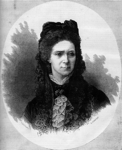 Muotokuva venäläisestä vaikuttaja Maria Aleksandrovnasta (1824-1880), s. Hessenin ja Reinin prinsessa Maria (Maximilian Wilhelmine Marie). Kaiverrus "" Le Monde Illustré" -julkaisussa nro 1211, 12. kesäkuuta 1880. tekijältä French School