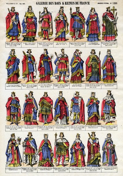 Muotokuva Ranskan kuninkaista ja kuningattaresta Kapetsin dynastiasta (Kapetian dynastia) Lothairesta (941-986) Ludvig X Hutiiniin (1289-1316). Epinaalikuvaus 1800-luvun lopulta. Yksityinen kokoelma. tekijältä French School