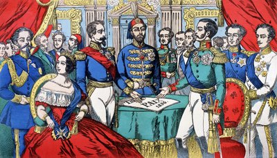 Muotokuva Euroopan hallitsijoista rauhansopimuksen aikana vuonna 1856: vasemmalta oikealle Viktor Emmanuel II (Victor Emanuel) (Vittorio Emanuele), Sardinian kuningas, Victoria, Englannin kuningatar, Napoleon III, Turkin keisari, Aleksanteri II, kuningas V tekijältä French School