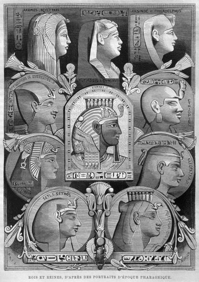 Muinaisen Egyptin kuningattareiden ja kuninkaiden muotokuvia, Georg Moritz Ebersin (1837-98) LEgypte, 1881 (bw-kaiverrus) tekijältä French School